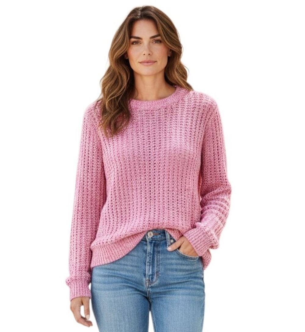TALBOTS Women's M Sweater Preppy Pink Marled Open Weave Long Sleeve Cotton 42"